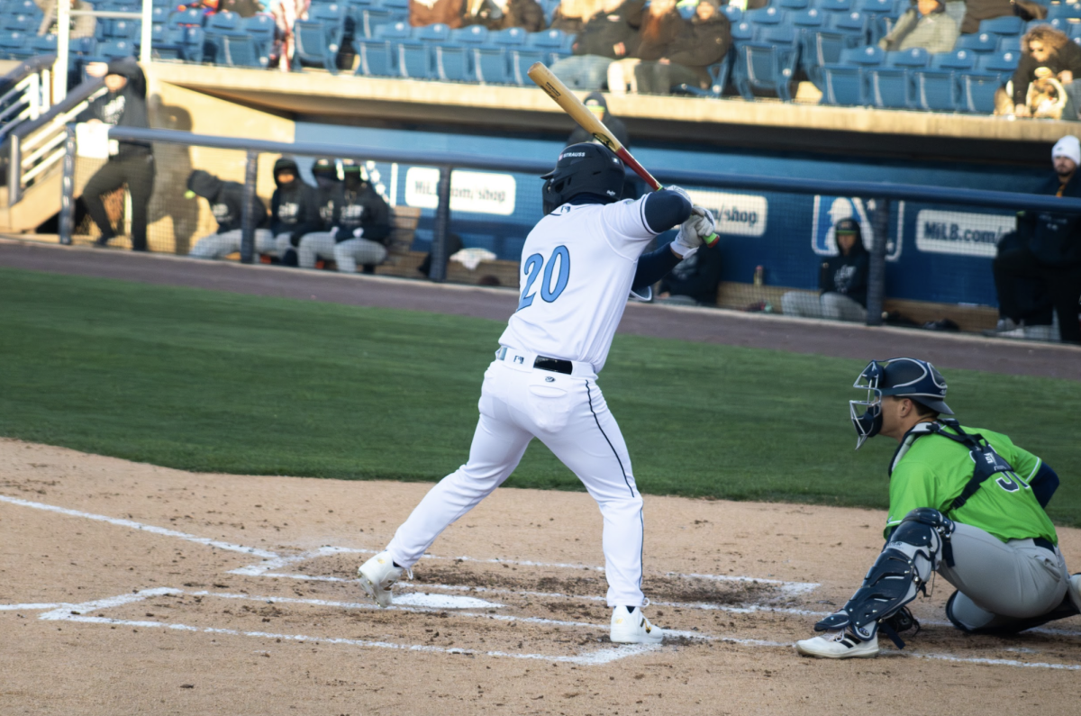 Caleb Lomavita gears up to swing. Lomavita recorded his first career home run in the 6-3 win on Saturday. - Photo via Hannah Capolingua